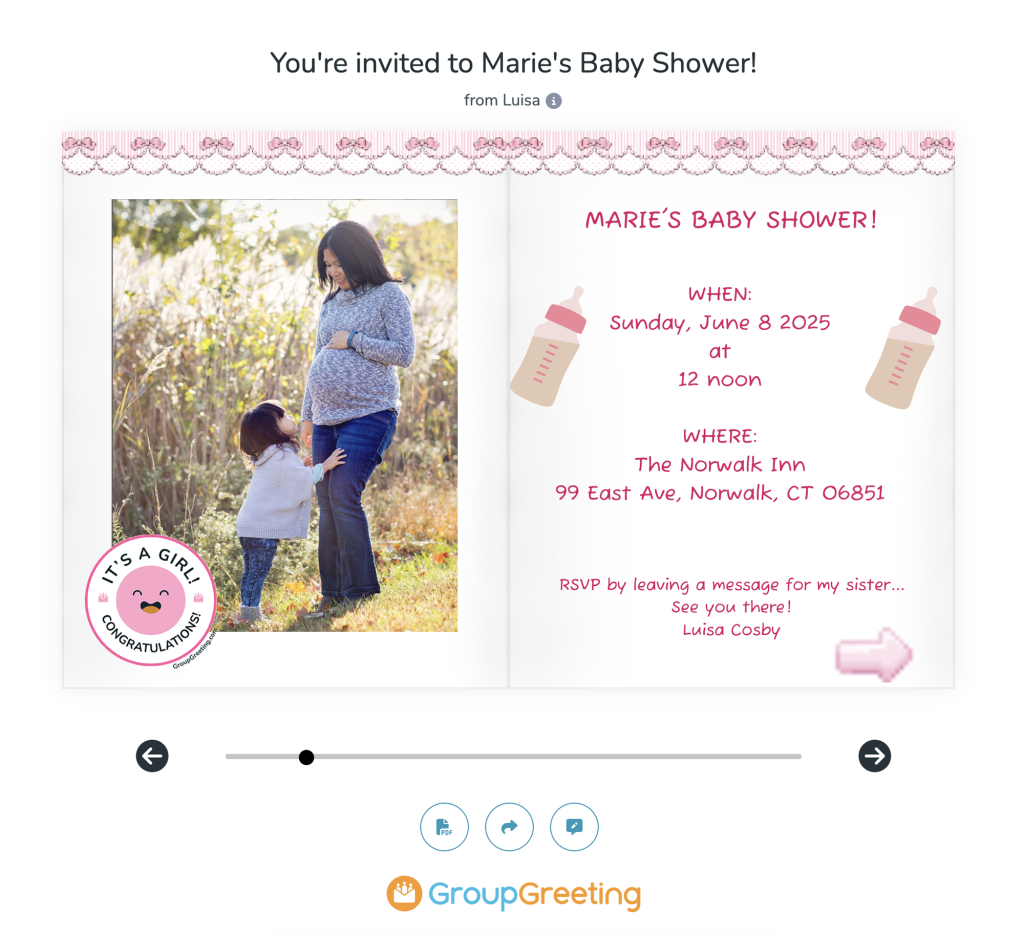 GroupGreeting invitation detailing a baby shower for a woman expecting a baby girl
